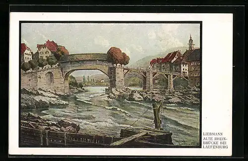 Künstler-AK Laufenburg, Alte Rheinbrücke mit Häusern