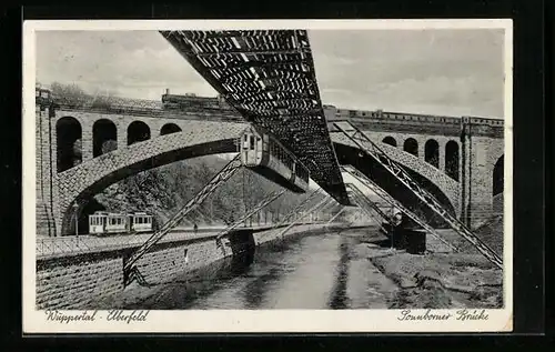 AK Wuppertal-Elberfeld, Sonnborner Brücke, Schwebebahn