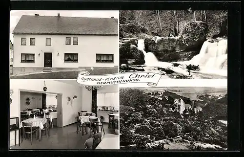 AK Mermuth /Hunsrück, Gasthaus-Pension A. Christ, Innenansicht, Wasserfall