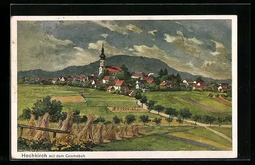 Künstler-AK Hochkirch, Teilansicht mit Kirche und dem Czorneboh