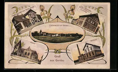 AK Gerdau, Ortsansicht, Gastwirtschaft von Wilh. Knop, Kolonialwarenhandlung Aug. Waenecke, Kirche, Molkerei