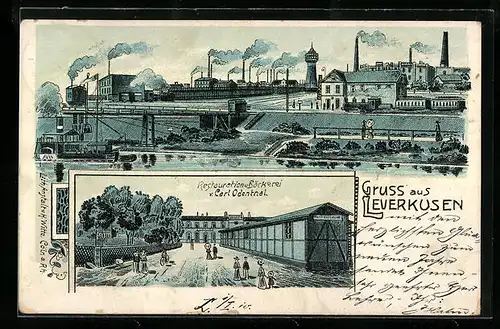 Lithographie Leverkusen, Restauration & Bäckerei v. Carl Odenthal, Ortsansicht