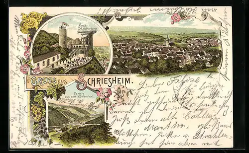 Lithographie Schriesheim, Ortsansicht, Ruine Strahlenburg, Partie aus dem Mühlental