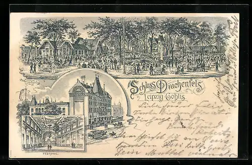 Lithographie Leipzig-Gohlis, Schloss Drachenfels, Gartenansicht, Festsaal, Pferdebahn