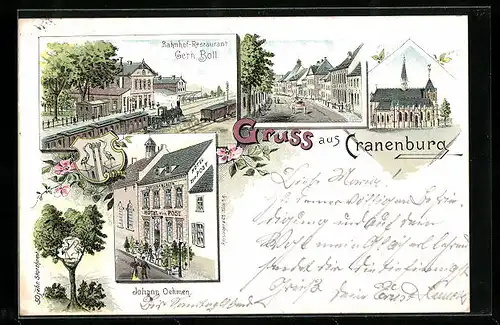 Lithographie Cranenburg, Bahnhof-Restaurant Gerh. Boll, Hotel zur Post v. Johann Oehmen