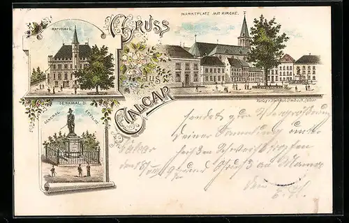 Lithographie Calcar, Marktplatz mit Kirche, Rathaus, Denkmal General Seydlitz