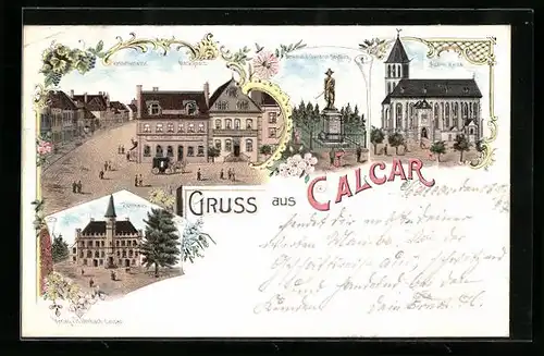 Lithographie Calcar, Marktplatz mit Kesselstrasse, Rathaus, Nicolai Kirche, Denkmal d. General Seydlitz