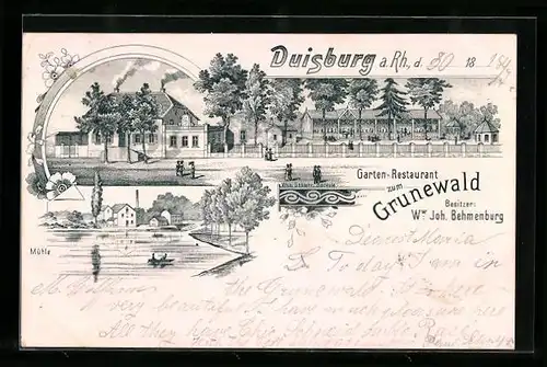 Lithographie Duisburg a. Rh., Garten-Restaurant zum Grunewald, Bes.: Ww. Joh. Behmenburg