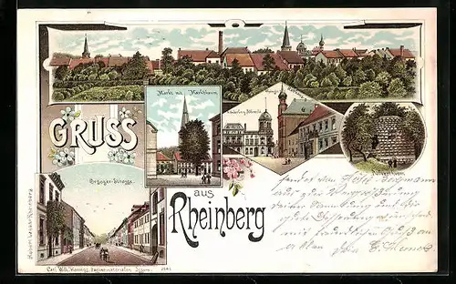 Lithographie Rheinberg, Orsoger Strasse, Markt mit Marktbaum, Pulverthurm