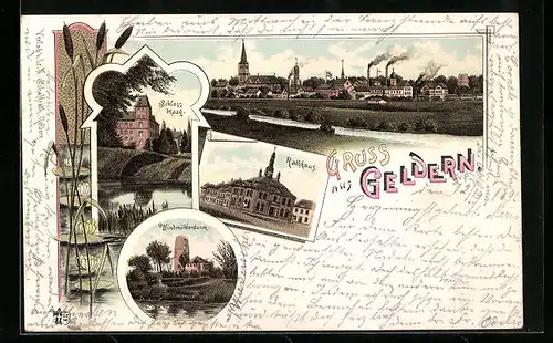 Lithographie Geldern, Windmühlenturm, Schloss Geldern, Schilf & Seerosen