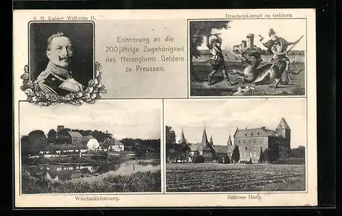 AK Geldern, Festpostkarte 200jährige Zugehörigkeit des Herzogtums Geldern zu Preussen, Portrait Kaiser Wilhelm II.