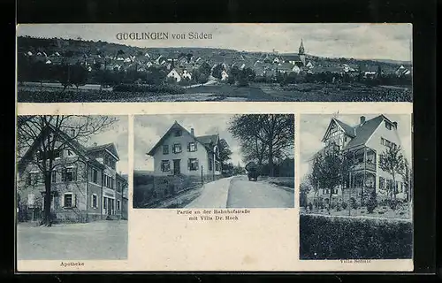 AK Güglingen, Ortsansicht von Süden, Apotheke, Bahnhofstrasse mit Villa Dr. Hoch, Villa Schulz