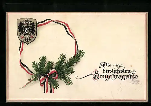 AK Die besten Neujahrsgrüsse, Tannenzweig mit Band & Wappen