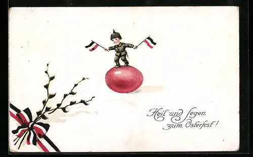 AK Kriegsostern, Deutscher Soldat in Uniform auf einem Osterei balancierend, Kirschzweig