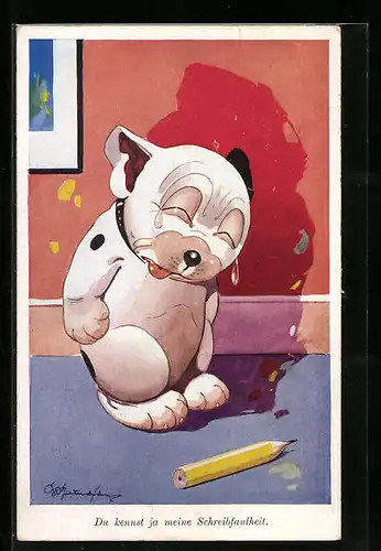 Künstler-AK George Ernest Studdy: Du kennst ja meine Schreibfaulheit., Bonzo mit Bleistift