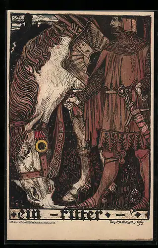 Künstler-AK Rudolf Schiestl: Ritter mit Schild, Schwert und Schimmel