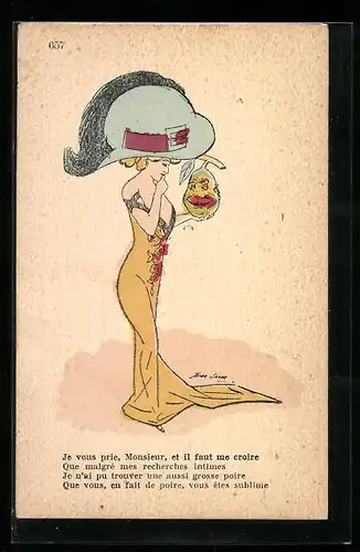 Künstler-AK Xavier Sager: Elegante junge Dame mit Riesenhut im Dialog mit einer Birne