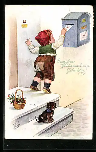 Künstler-AK Willi Scheuermann: Knabe steckt einen Brief in den Kasten, Geburtstagsgruss