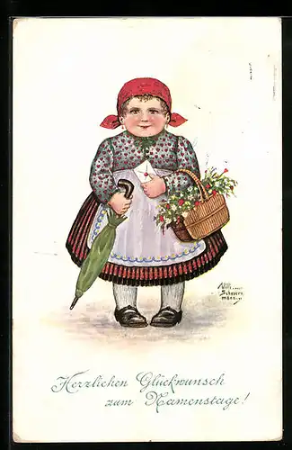 Künstler-AK Willi Scheuermann: Kleine Gratulantin mit Blumenkorb, Namenstagsgruss
