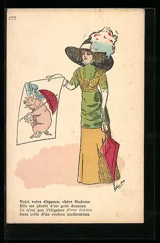 Künstler-AK Xavier Sager: Elegante Dame mit Schirm hält ein Bildnis einer Schweinedame mit Schirm