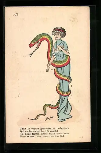 Künstler-AK Xavier Sager: Elegante junge Dame, von einer grossen Schlange umwickelt