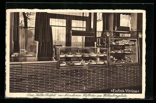 AK Berlin, Gasthof Münchener Hofbräu, Eisfink-Vitrine, Wittenbergplatz 1, Innenansicht