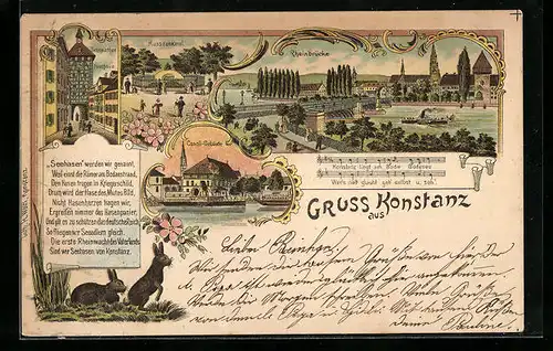 Lithographie Konstanz, Hussdenkmal, Rheinbrücke, Concil-Gebäude