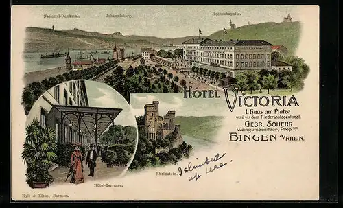 Lithographie Bingen a./Rhein, Hotel Victoria, National-Denkmal, Rheinstein