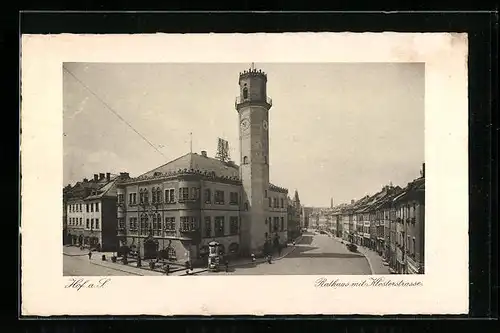 AK Hof a. S., Rathaus mit Klosterstrasse, Litfasssäule