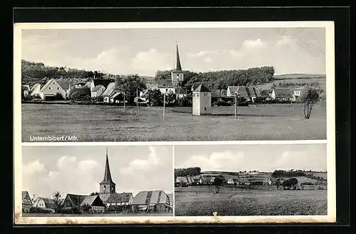 AK Unternbibert i. Mfr., Bäckerei und Kolonialwaren Hufnagel, Ortstotale, Blick zur Kirche