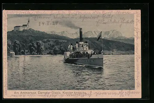 AK Dampfer Gisela auf dem Ammersee gegen Kloster Andechs