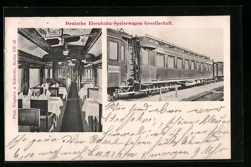AK Deutsche Eisenbahn-Speisewagen-Gesellschaft, Innen- und Aussenansicht