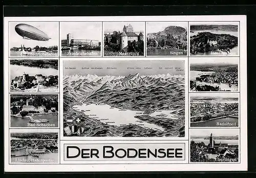 AK Friedrichshafen, Ortspartie mit Zeppelin, Bodensee mit Lindau, Konstanz und Glärnisch, Lindau Hafenpartie