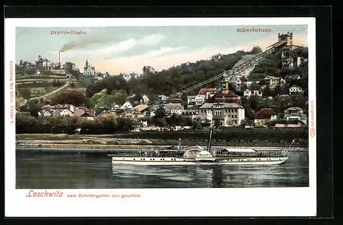 AK Dresden-Loschwitz, Panorama vom Schillergarten aus, Elbdampfer Pillnitz