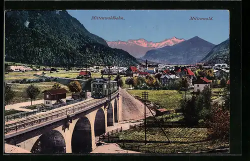 AK Mittenwald, Mittenwaldbahn auf dem Viadukt, Teilansicht