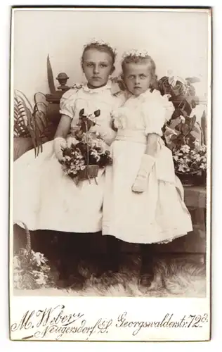 Fotografie M. Weber, Neugersdorf, zwei niedliche Mädchen zur Erstkommunion mit Blumen im Haar