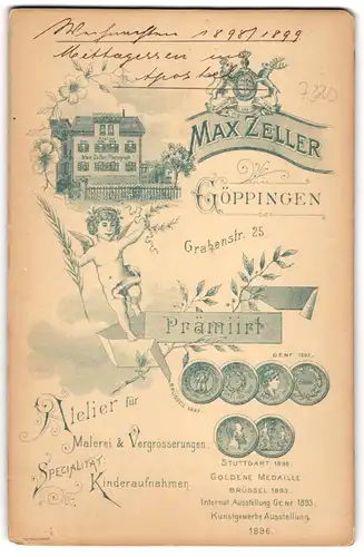 Fotografie Max Zeller, Göppingen, Grabenstr. 25, Ansicht Göppingen, Blick auf das Ateliersgebäude, Wappen und Engel