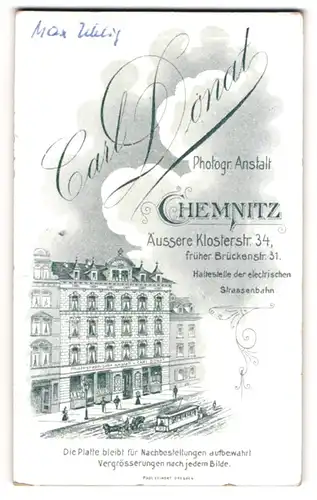 Fotografie Carl Donat, Chemnitz, Äussere Klosterstr. 34, Ansicht Chemnitz, Blick auf das Ateliersgebäude mit Strassenbahn