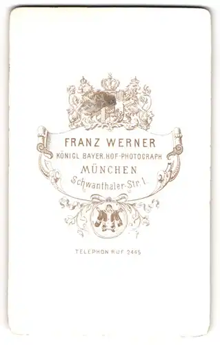 Fotografie Franz Werner, München, Schwanthaler Str. 1, königliches Wappen und Münchner Kindl mit Anschrift des Ateliers