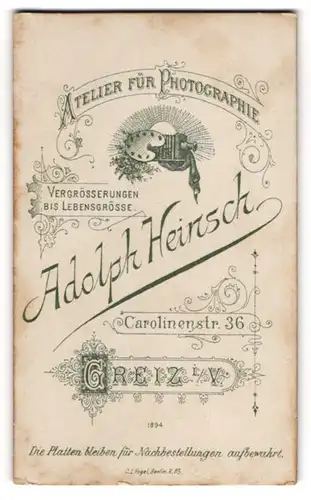 Fotografie Adolph Heinsch, Greiz i. V., Carolinenstr. 36, Plattenkamera vor aufgehender Sonne, Anschrift des Atelier