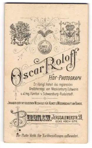 Fotografie Oscar Roloff, Berlin, Jerusalemerstr. 59, königliche Wappen und Medaille von 1877