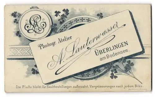 Fotografie A. Lauterwasser, Überlingen a. B., Monogramm des Fotografen und Anschrift wie Visitenkarte