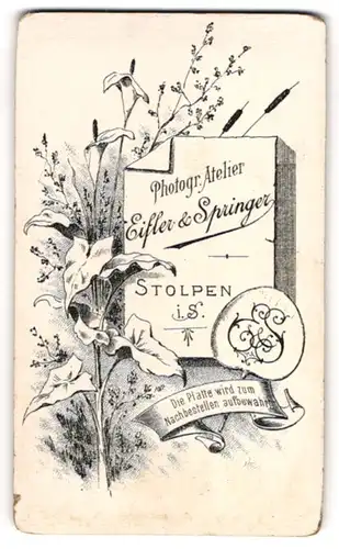 Fotografie Eifler & Springer, Stolpen i. S., Monogramm des Fotografen auf Fächer, Blumen nebst Anschrift des Ateliers