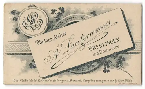 Fotografie A. Lauterwasser, Überlingen, Monogramm des Fotografen und Anschrift auf Visitenkarte