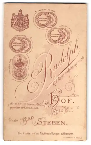 Fotografie E. Rudolph, Hof i. B., königliches Wappen nebst Medaillen, Konterfei Prinz Luitpold von Bayern