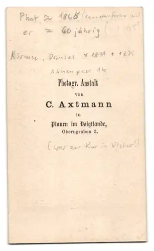 Fotografie C. Axtmann, Plauen i. V., Portrait Herr Daniel Kirmse im Anzug, 1865