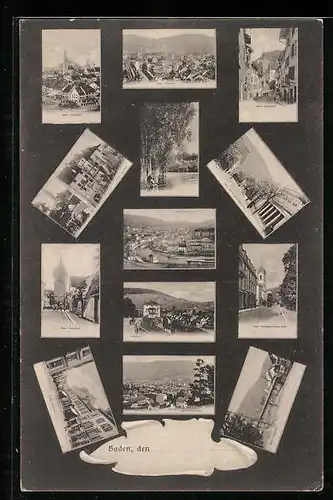 AK Baden, Bruggerturm, Haldenstrasse, Badstrasse mit protest. Kirche