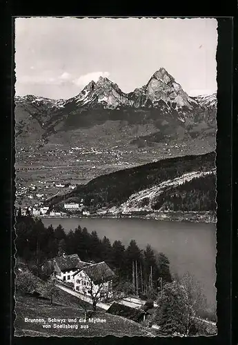 AK Seelisberg, Ortsansicht mit Brunnen und den Mythen