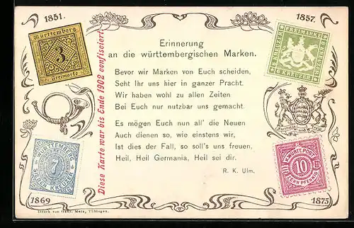 AK Württembergische Briefmarken der Jahre 1851, 1857, 1869 und 1875, Gedicht