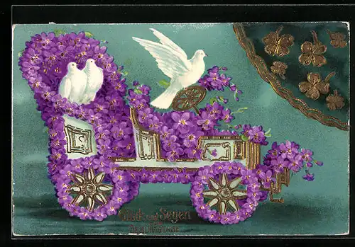 Präge-AK Weisse Tauben im Auto aus Veilchen